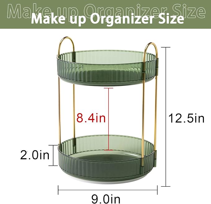 shuang qing Rotating Makeup Organizer for Vanity, High-Capacity Skincare Make Up Storage Perfume Organizers Cosmetic Dresser Organizer Countertop 360 Spinning (Green, 3 Tier)
