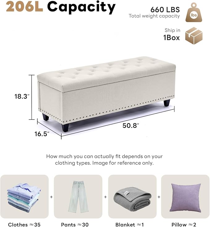 Tbfit Ottoman with Storage, 50.8" Upholstered Button Tufted End of Bed Bench with Safety Hinge & Rivets, Large Entryway Bench, Foot Rest Stool for Bedroom, Living Room (Beige)