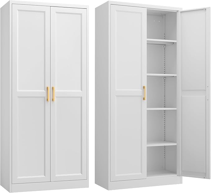 SteeLoong Kitchen Pantry Cabinet,71”White Metal Pantry Storage Cabinet with Doors and 4 Adjustable Shelves,Kitchen Cabinet with 2 Gold Handles,Tall Cabinet for Livingroom,Pantry, Bathroom,Kitchen