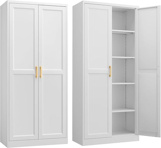 SteeLoong Kitchen Pantry Cabinet,71”White Metal Pantry Storage Cabinet with Doors and 4 Adjustable Shelves,Kitchen Cabinet with 2 Gold Handles,Tall Cabinet for Livingroom,Pantry, Bathroom,Kitchen