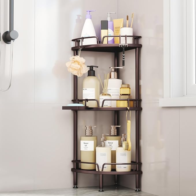 Consumest Corner Shower Caddy Stand - 3 Tier Shower Organizer with Soap Holder, Tall Floor Corner Shelves Standing with Adjustable Feet & 4 Hooks, Storage Rack for Bathroom, Bronze