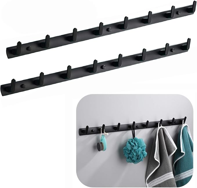 Wall Mounted Coat Rack, 8 Hooks, 29.7"x1.3", Modern, Black, 2 Pcs | Space Aluminum, Rustproof, for Hallway, Entryway, Hanging Holder for Clothes, Towel, Backpack, 40 lbs Capacity, Easy Install