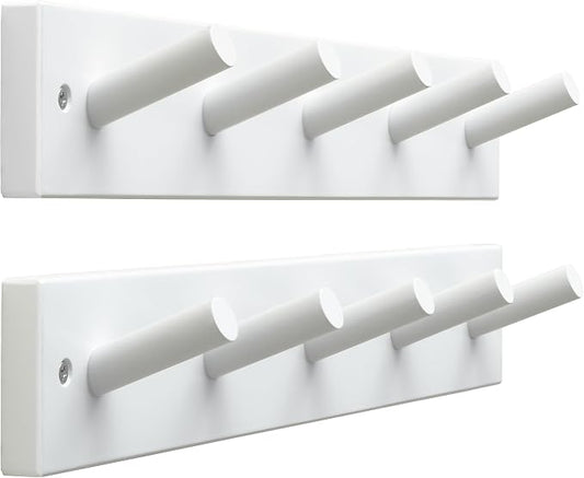 SKOLOO Wooden Wall Mounted Coat Rack,16'' Hole to Hole, 5 Pegs Bamboo Wall Hook for Hanging Clothes Robes Towels Hats,White