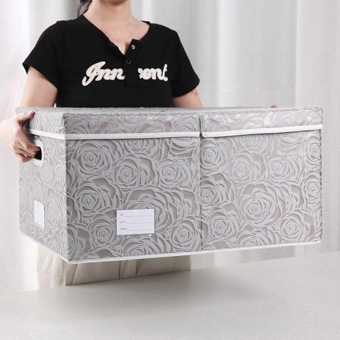 PRANDOM Jumbo Collapsible Storage Boxes with Lids Fabric Decorative Storage Bins Cubes Organizer Baskets with Cover Handles Divider for Bedroom Closet Living Room 23.2x15.7x11.8 Inch 3 Pack