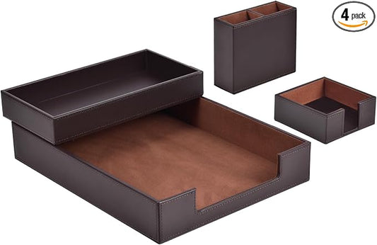 4 Pack Leather Office Supplies/Desk Organizer for Letter Paper Tray,Sticky Note Holder,Pen Cup,Stackable Small Letter Mail Sorter Tray,Workspace Decor for Women Men (Brown, 4-piece set)