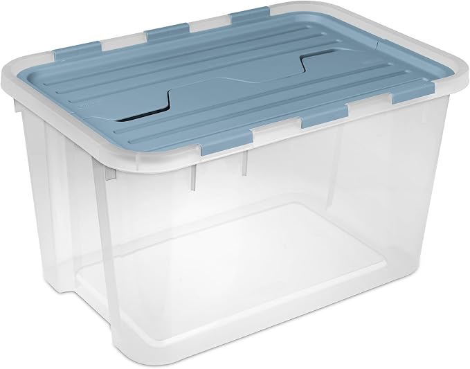 SteriliteHinged Lid Storage Box Plastic Container, 60 Quart, 12 Pack | Washed Blue - Home Organizer Tote for Storing Shoes, Crafts, Clothing, or Decor
