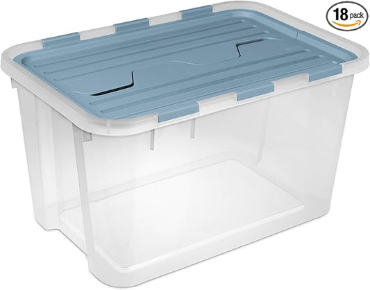 Sterilite 18 Pack Hinged Lid Storage Box, 60 Qt Plastic Container, Washed Blue - Home Organizer Tote for Storing Shoes, Crafts, Clothing, or Decor
