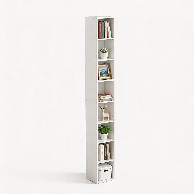 8-Cube Storage Organizer Bookcase, White, Tall Narrow Bookshelf for Home Office (White)