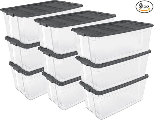 Sterilite 9-Pack Modular Stacker Box, Durable Clear Plastic Storage Bins with Latching Lids, 200 Quart - Stackable Organizing Container Boxes for Closet, Bathroom, and Office