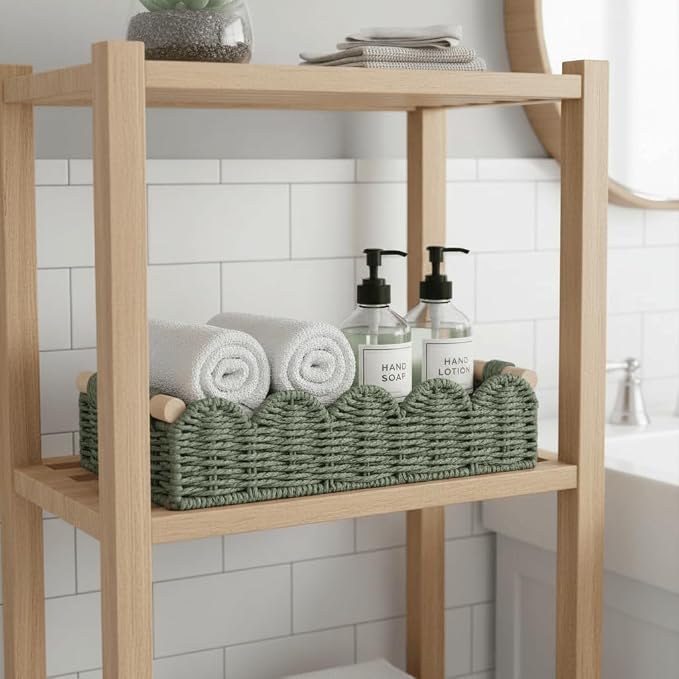 CubesLand Toilet Paper Storage Basket Organizer, Small Wicker Decor Basket | Toilet Tank Top Decorative Basket for Countertop, Handwoven Scalloped Basket W/Handle for Home Decor Living Room, Green