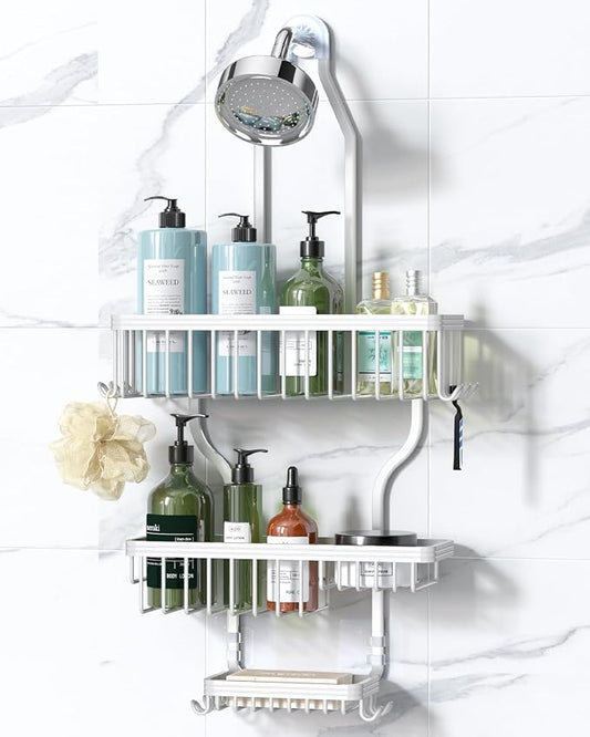 YASONIC Never Rust Shower Caddy Hanging, Aluminum Shower Racks for Inside Shower, 3-Tier Shower Organizer Hanging Over Shower Head with Hooks and Soap Holder, White
