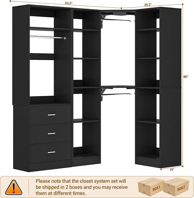 Besiost Corner Closet System with 3 Drawers, Corner Closet Organizer System with 13 Shelves & 3 Hanging Rods, 63.2"L * 39.2"W Reversible L Shaped Walk-in Closets, Load 2000+LBS, Black