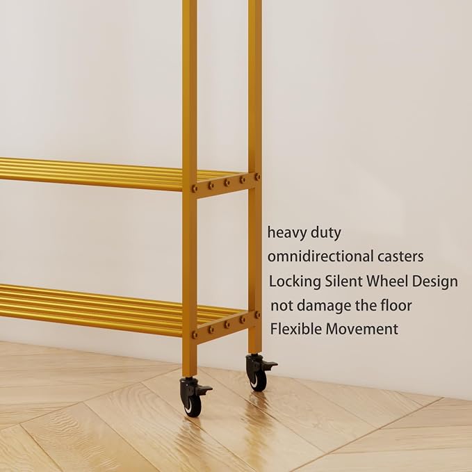Gold Rolling Garment Rack with Shelves and Hooks,Freestanding Metal Clothing Rack with Wheels,Modern Clothes Hanging Rack for Bedroom,Closet,Boutique Display
