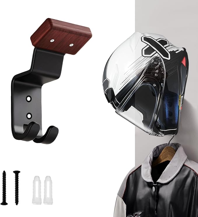 Motorcycle Helmet Holder Wall Mount - Heavy Duty Helmet Hanger Rack with 2 Key Hooks, Solid Wood & Strong Steel Design for Bike, Football, Skiing Sports Gear, Jackets & Hats (1)