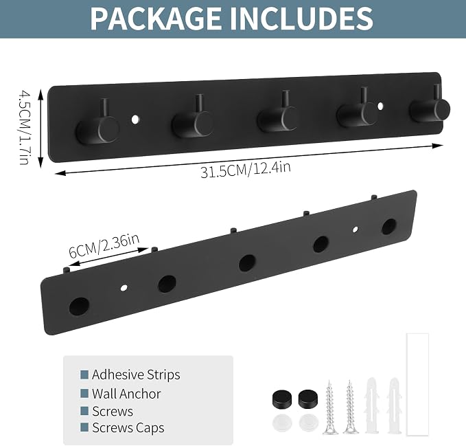 Wall Mount Coat Rack, 5-Hook Metal Towel and Hat Hook, Black | Adhesive Or Screw Mount, Rounded Smooth Hooks, Sturdy Metal, For Towels, Coats, Hats, Bags