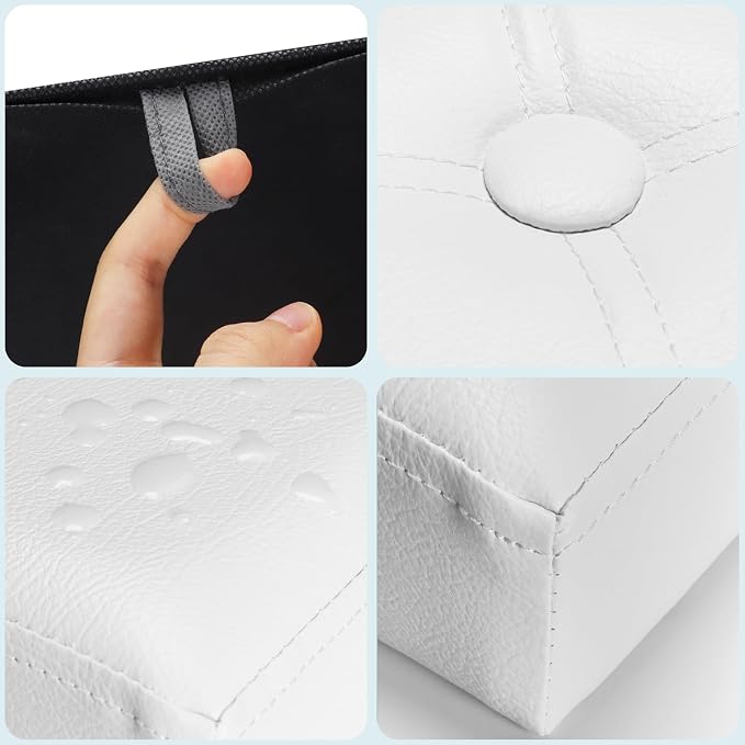 Bsketa Storage Ottoman Bench,17 Inch Folding Leather Foot Rest Stool, White | Small Ottoman with Side Pockets, Thicker Foam Padded Seat, Livingroom, Dorm, Bedroom, Easy to install, 43L,17x13x13in