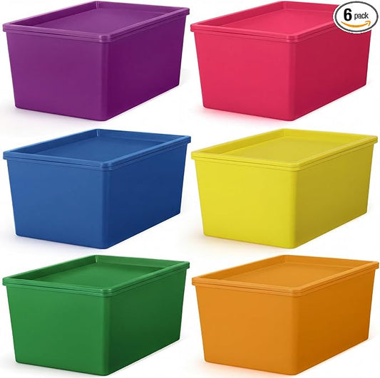 6 Pcs Storage Bins with Lids Small Plastic Storage Containers Stackable Storing Baskets Box Cute Organizer Bins for Organizing Shelves (Colorful)