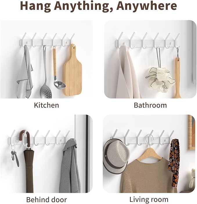 Coat Rack Wall Mount Hooks - 15 Inch White Metal 6-Hook Rack(2 Pack) | Modern Kids Room, Entryway & Bathroom Hanger for Towels, Coats, Purses, Bags