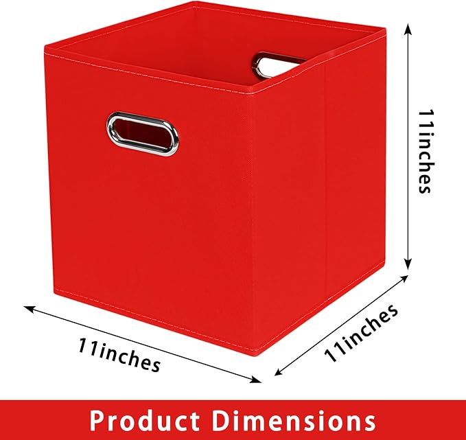 Fabric storage bins Cubes, Fabric Cube Organizer with Handle, Foldable Cube Bins for Cloth or Accessary Storage, 11x11x11, Set of 3, (Red)