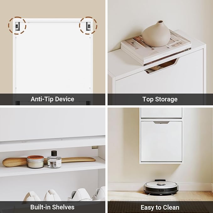 Haotian Wall Mounted Slim Shoe Cabinet for Entryway | Narrow Shoe Rack with 2 Flip Drawers, Hidden Shoe Storage Organizer, Anti-Tip Design, White, FSR210-W