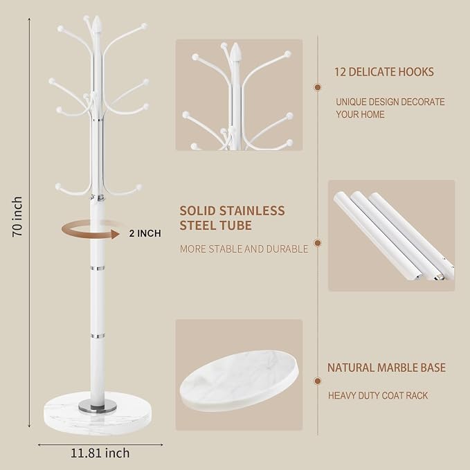 Coat Rack Stand,White Metal Coat Rack Freestanding with 12 Hooks | Modern Coat Rack with Natural Marble Base,Heavy Duty Coat Hanger Stand, Coat Hall Clothes Tree Stand for Office,Bebroom