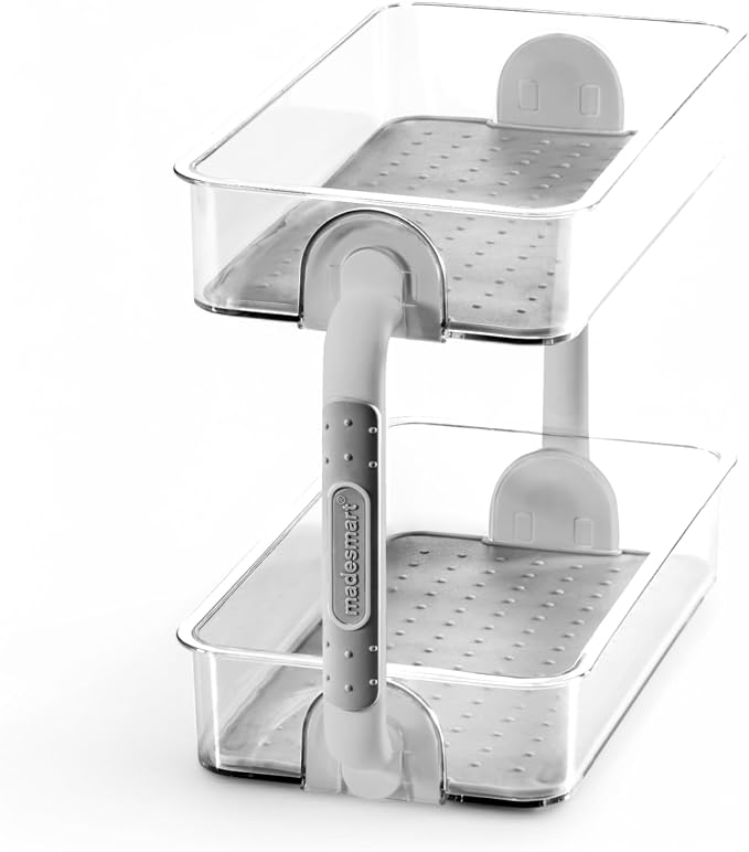 madesmart Two Level Spice Organizer, Grey | tiered layout, label visibility, soft grip lining, cabinet pantry use, seasoning bottles, woman owned
