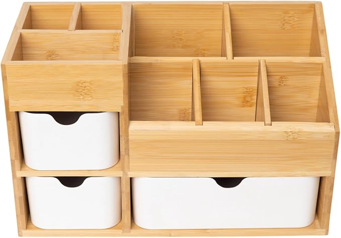 Bamboo Makeup Organizer, 11.5x5.4in | 3 Drawers, Dresser Cosmetic Organizer Box, Bamboo Desk Organizer for Home, Adjustable Dividers