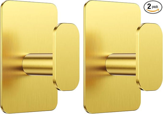 Large Heavy Duty Wall Hooks - 26lb Max, Stainless Steel Adhesive Towel Hooks for Hanging Towel, Coat, Robe, Hat, Sticky Towel Holder for Wall Mount in Bathroom, Shower, Kitchen (Gold, 2 Pack)