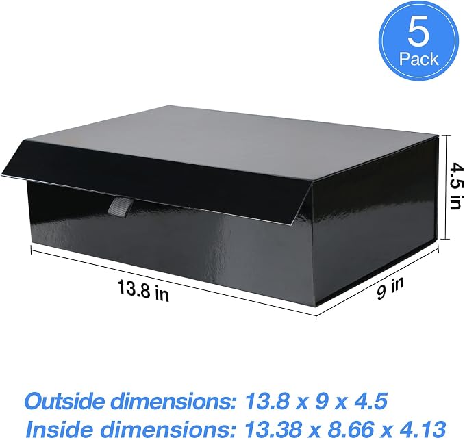 Aimyoo 5 Pack Black Collapsible Gift Box with Magnetic Closure Lids & Rope for Easy Opening 13.8x9x4.3, Bridesmaid Groomsman Proposal Boxes, Rectangle Storage Present Boxes