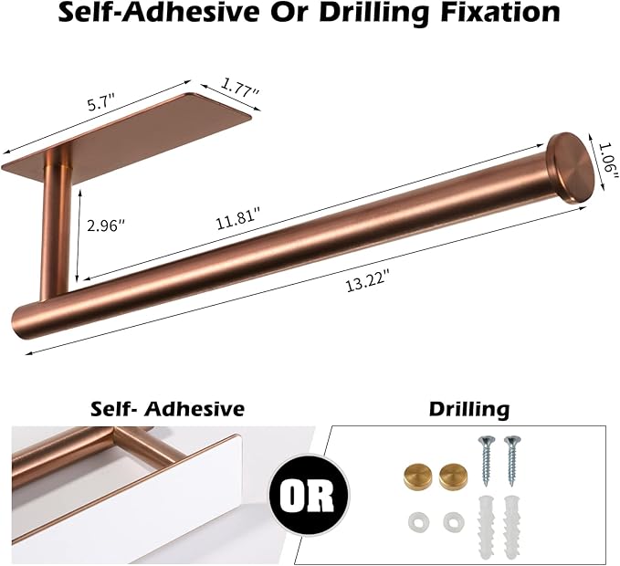 theaoo Under Cabinet Paper Towel Holder for Kitchen,Self-Adhesive,Rose Gold | Wall Mounted Paper Towel Roll Rack for Bathroom or Kitchen, SUS304 Stainless Steel, Install with Adhesive or Screws