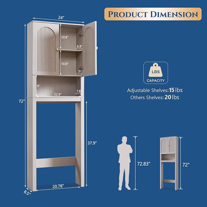 72" Over The Toilet Storage Cabinet, Modern Over Toilet Bathroom Organizer Shelf with Fluted Arched Doors, Wooden Free Standing Bathroom Storage Cabinet with Adjustable Shelf, Space Saver, Light Grey