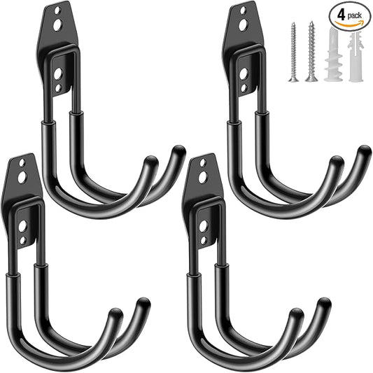 HUPBIPY Heavy Duty Garage Hooks 4 Pack, J Shaped Hanger, Wall Mounted Storage System, Power and Garden Tool Organizer, for Hanging Ladders, Bikes Tires, Hose, Bulk Items