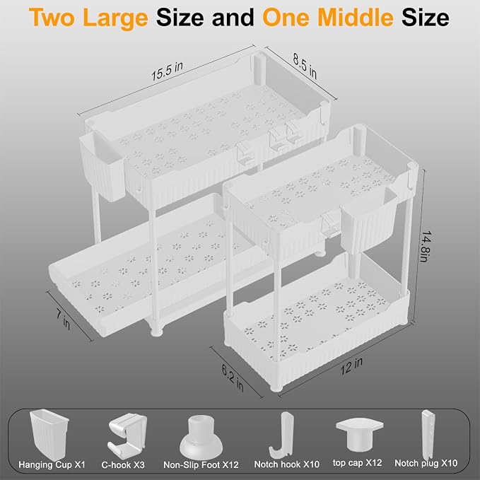 Sevenblue 3 Pack Under Sink Organizers, 2-Tier Multi-Use Kitchen and Bathroom Organizers and Storage with Sliding Drawers, Bathroom Cabinet Organizer (White, 14.8 Inch) | Multi-use kitchen & bathroom storage, 14.8 inch white cabinet organizer, space-sa...