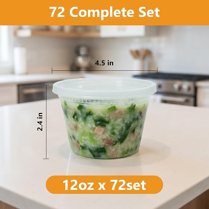 72 Sets (144-Piece) Deli Containers with Lids,12oz X 72 Set Each, Leak-Proof & BPA Free Airtight Takeout Plastic Food Storage Containers for Soup, Meal Prep, Microwave/Freezer Safe