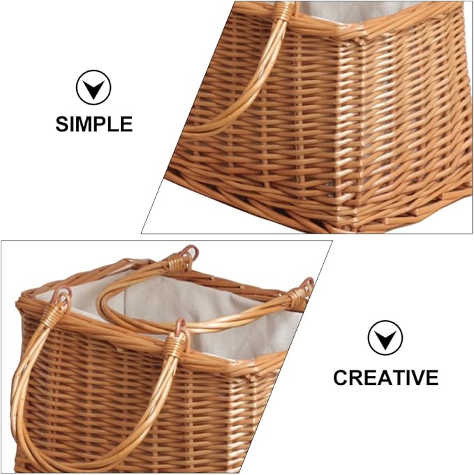 Wicker Storage Basket Handles Handwoven Rattan Organizer for Home Tabletop Use Decorative Wicker Baskets for Blankets and Toys Rustic Style