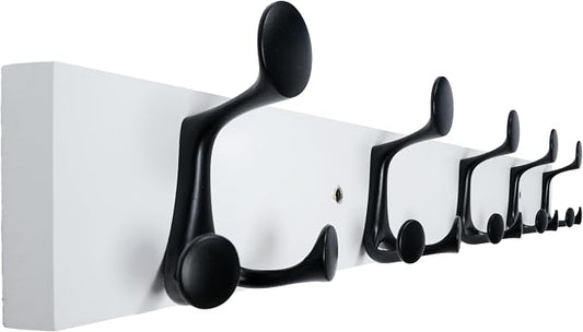 WEBI Coat Rack Wall Mount,30" Solid Wood Coat Hooks Wall Mounted Coat Hanger,16" Hole to Hole,Heavy Duty Hook Rack Rail,5 Triple Hooks for Hanging Coats,Jacket,Clothes,Hat,Backpack,White