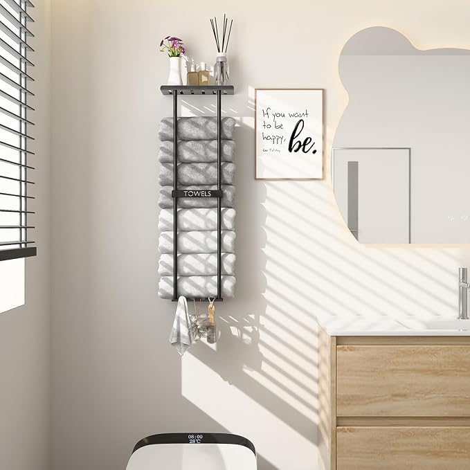 2-Tier Wall-Mounted Towel Rack with Hooks & Shelf, Black Metal Towel Holder for Small Bathrooms (Standard Version)