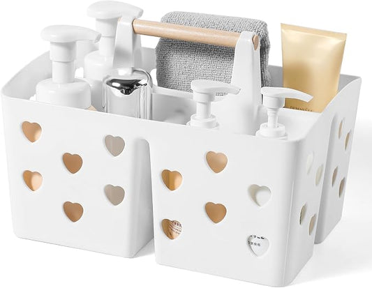 Portable Shower Caddy Plastic Shower Basket Organizer with Handle, White | Divided Bathroom Caddy Storage Cleanning Caddy Tote for College, Dorm Room, Kitchen
