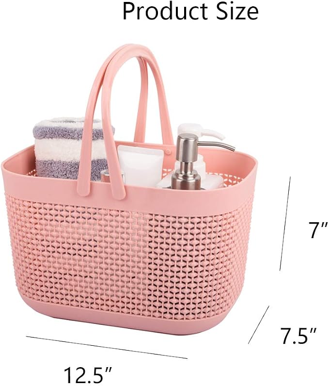 Plastic Portable Shower Caddy Basket, Storage Organizer with Handle, Pink | Bottom Drain Holes, Keep Dry, Sturdy and Durable, Easy to Carry for Bathroom, Kitchen, Dorm Room, RV, College