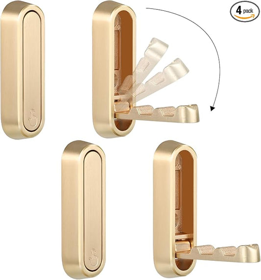 Foldable Wall Hook, Gold, 4 Pack, Screw Mounted, Heavy Duty Coat Hooks | 90° Foldable Design, Wall Mounted, Zinc Alloy, Flip-Down Design, Includes Screws And Anchors, For Bedroom, Entryway, Closet