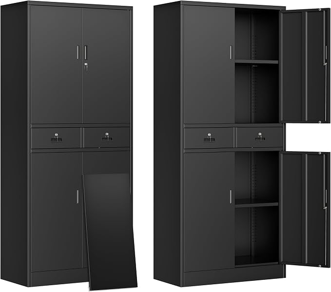 CJF Metal Storage Cabinet, 71" H Metal Cabinets with Adjustable Shelves and Drawers, Locking Storage Cabinet for Pantry, Office, Garage, Home, School, Utility (Black)