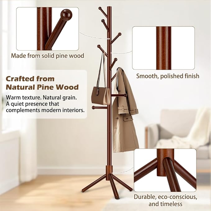 Wooden Coat Rack Freestanding, Adjustable Height Solid Wood Clothes Stand with 8 Ball-End Hooks, Stable Tripod Base, 5.7FT Floor Coat Tree for Entryway Bedroom Office, Brown