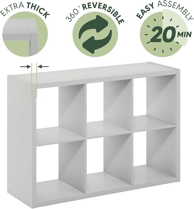 Furinno CUBICLE 6-Cube Book Shelf, Extra Thick Frame Bookshelf, Light Grey | 14.6" x 44" x 30", Horizontally & Vertically Reversible Bookcase with Open Back, for Living Room, Bedroom, Home Office