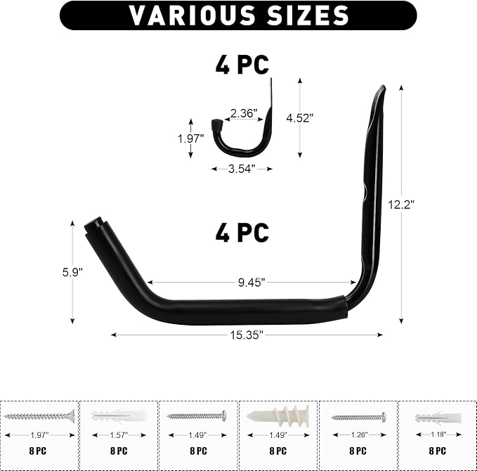 KURUI Heavy Duty Garage Storage Hooks, 100 LB (15") Wall Mount Kayak Rack for Hanging Indoor/Outdoor, 8 Pack Large Wall Hook for Ladder Surfboards, Black Organization Hangers, Kayak Accessories