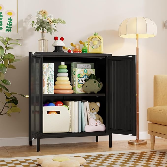 Metal Accent Storage Cabinet for Bedroom, LivingRoom, Office,Kitchen- Metal Locker Cabinet with 1 Adjustable Shelves-Bathroom Floor Storage Cabinet Freestanding Organizer(Stripe Door, Black)