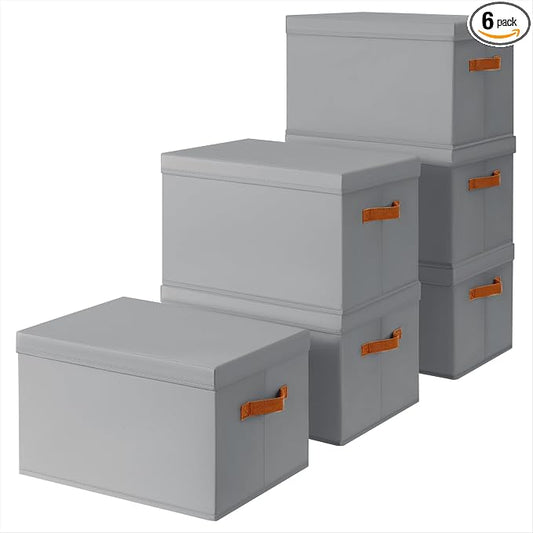 Homsorout Storage Bins with Lids - Large Fabric Closet Bins with Lid, 6 Pack Clothes Organizers and Storage, Collapsible Stackable Cube Basket for Home, Office, Dorm, Grey