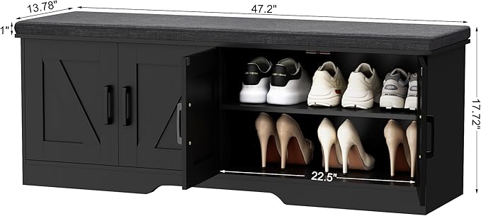 HOMSHO Farmhouse Shoe Storage Bench with 4 Barn Doors & Padded Seat Cushion | 47.2" Wide Entryway Bench with Adjustable Shelves & Hidden Storage, Black