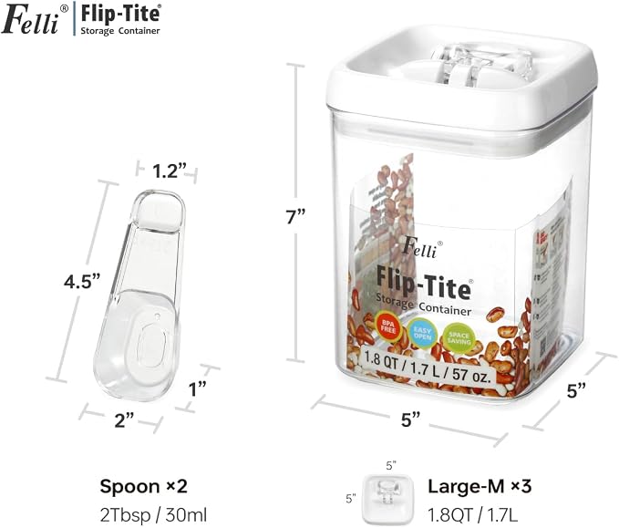 Felli Flip Tite Storage Container with Built-In Spoon & Airtight Lid 5” Large-M Ring Flip Top, Stackable Acrylic Canister for Sugar Flour Powder, Kitchen Pantry Organizer (1.8qt), 2 spoons