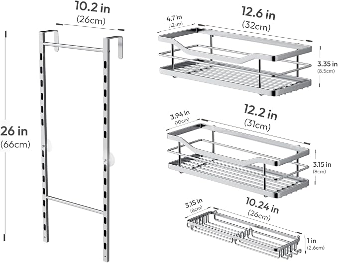 SWTYMIKI Over the Door Shower Caddy - 3 Tier Adjustable Shower Organizer Hanging with Soap Holder, No Drilling Stainless Steel Bathroom Rack Hanging for Body Wash, Shampoo, Soap, Razor, Silver