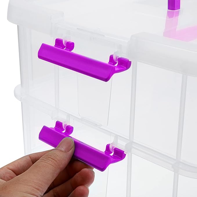 JUXYES 2-Tiers Plastic Stack Carry Storage Containers Box wih Handle Lids | Clear Stackable Latching Craft Storage Bin for School Office, Organizing Stationery, Sewing, Art Craft, DIY Supplies, Purple